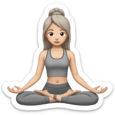 a girl doing yoga, she is wearing a grey fit and she has dark straight and loose hair.  sticker
