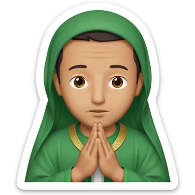 an Algerian man praying, dressed in green with a djellaba sticker