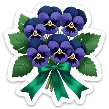 A gracefully arranged bouquet of navy blue pansies, tied with an elegant emerald green satin ribbon. sticker