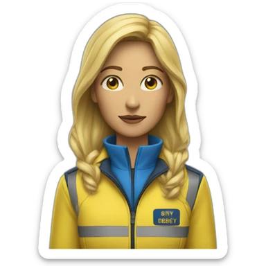 woman with yellow and blue security jacket sticker