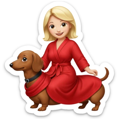 A blonde curvy woman riding on top of a black mini-dachshund wearing a red robe sticker