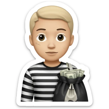 Un ladrón con camisa de rayas blancas y negras mirando hacia la frente con una bolsa de dinero  sticker