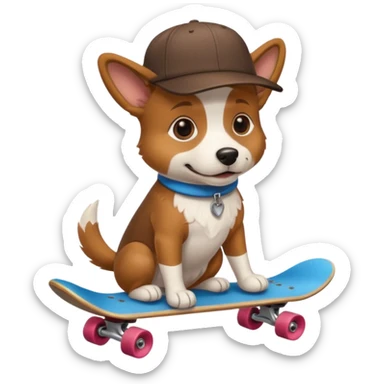 Dog siting down on a skateboard with a hat on backwords sticker