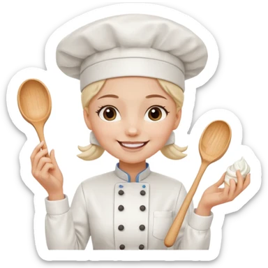 Young female baker - white chef hat, holding cream piping bags in both hands sticker