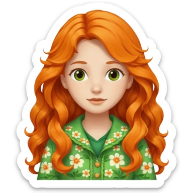 orange wavy long hair girl with wearing green cottage core flowery clothes sticker