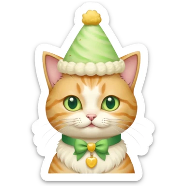 cat wearing a creamy cake hat with fun necklace around his neck and a yellow bow in the middle sticker