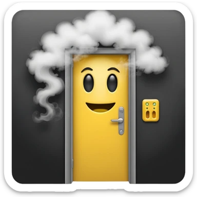 Minimalist emoji-style sticker of a half-open door, with smoke and a single glowing eye visible in the dark inside. Flat design, desaturated colors.
 sticker