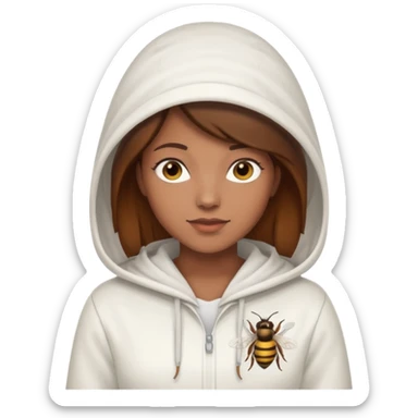 female bee keepers with brown hair, white outfit, white hood, brown skin sticker