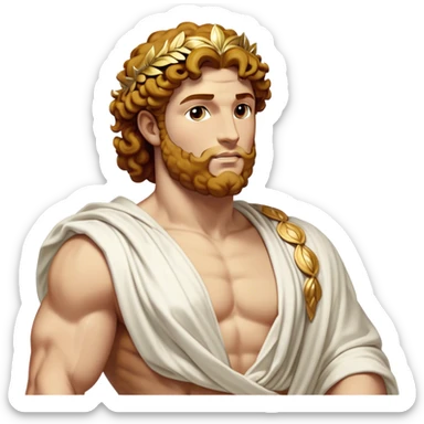 Cinematic Realistic Hercules Portrait, head tilted dramatically with an exaggeratedly amused expression, blending the fierce valor of the Hercules with the classic elegance of Michelangelo's David. His light tan skin and thick, curly, golden brown hair, rendered with meticulous classical detail, frame a face of heroic determination and playful charm. Clad in a gracefully draped white robe adorned with subtle golden embellishments and accented by a distinguished Greek laurel wreath, dynamic lighting accentuates both his formidable physical power and his approachable, spirited demeanor. sticker