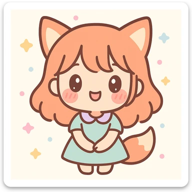 a cute girl with fox ears and ginger hair, blushing, in a kawaii chibi style sticker
