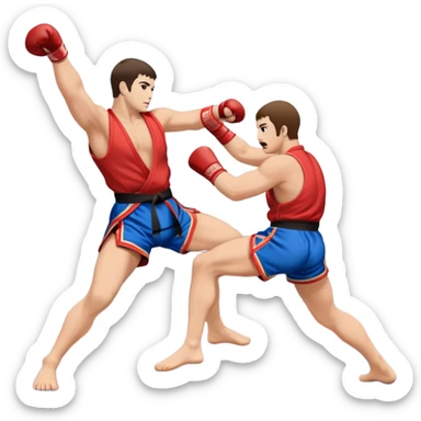 An icon symbolizing Sambo, featuring two fighters in blue and red kimonos with shorts. One executes a powerful throw, while the other attempts a defensive grab. The fighters are engaged in a grapple, using joint locks and sweeps. The background features a wrestling mat/ sticker