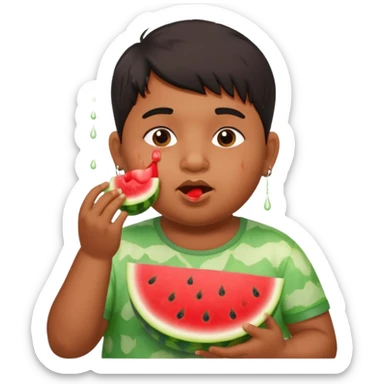a watermelon with a indian 13 yearold a little fat boy eating it sticker