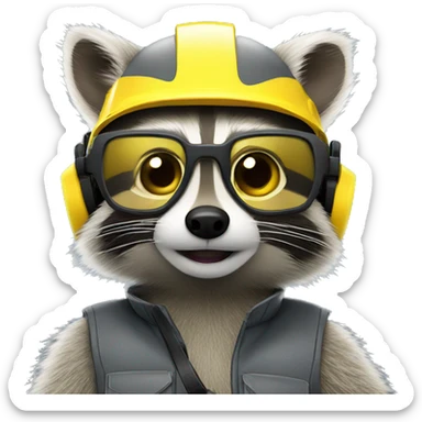 gray raccoon with yellow helmet, safety glasses and yellow ear protectors sticker