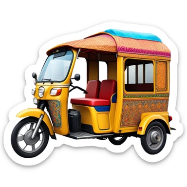 Cinematic Realistic Indian Auto Rickshaw Emoji, depicted as a colorful, bustling auto rickshaw with intricate designs and vibrant hues, rendered with lively textures and dynamic urban lighting that captures its quintessential presence in Indian cities. sticker