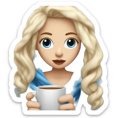 Blonde girl inside a blanket sipping coffee blue eyes open, big lips and cold blond hair   sticker