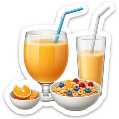 A glass of juice and a bowl with cereals sticker
