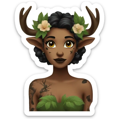 Forest Faun with deer horns and black flower tattoos, female, beautiful, desirable, logical sticker
