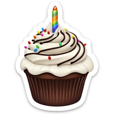 Chocolate cupcake with flat white frosting and chocolate drizzle with rainbow sprinkles sticker