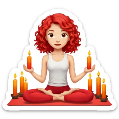 Light skin, yoga, red curled hair shoulder length, candles on the yoga mat sticker
