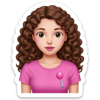 crée moi une jeune fille très belle avec les cheveux bouclés long brune avec un top rose bonbon  sticker