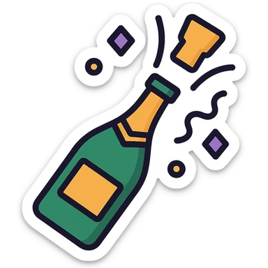 champagne bottle popping with confetti in purple, black, and gold, representing celebration at luxury events and milestone parties sticker