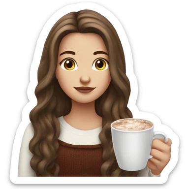 white girl with brown long hair and a hot chocolate sticker