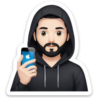 hackeur blanc cheveux noir barbe et capuche noir avec un iphone sticker