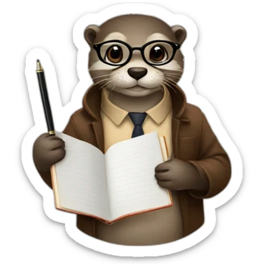 Otter with round glasses holding a couple journals and a pen sticker