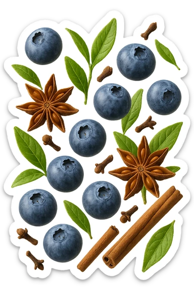 mirtilli, thè verde, spezie, fluttuano in aria, iperrealistico 4k sticker