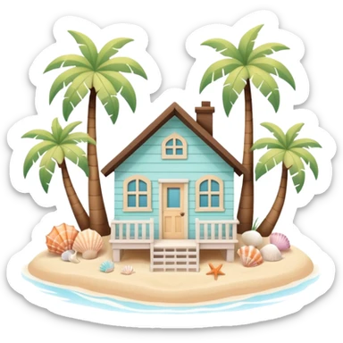 cute beach house, small seaside house, wooden walls, pastel colors, palm trees, seashells, warm sunlight, 3D cartoon, mobile game icon style, soft shadows, clean background, no text, no watermark
 sticker
