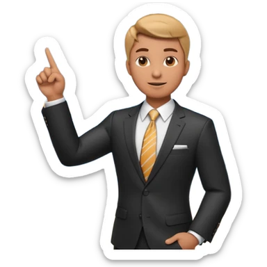 A stylized 3D emoji icon of a male financial analyst in a sharp formal suit and tie. He has a confident, speaking expression and is pointing his finger back towards a large digital screen behind him. The screen is glowing with complex financial line graphs, upward arrow trends. sticker