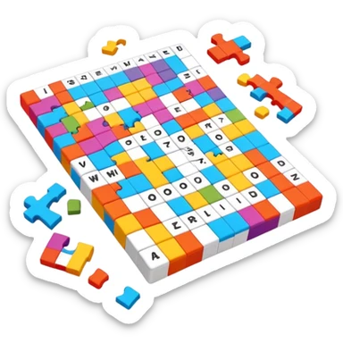A photorealistic icon with a colorful, fragmented crossword magazine, a 3D puzzle, and a partially completed puzzle on a table. Bright, detailed design with realistic lighting. Transparent background, clearly symbolizing puzzles and brain games. sticker