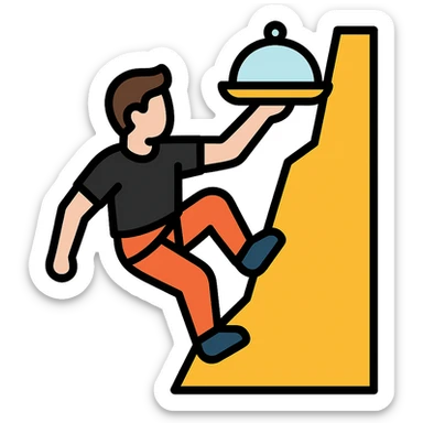 A guy rock climbing on a steep cliff in a black t-shirt with a waiter's tray in his hand sticker