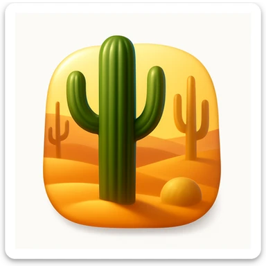 Create a desert emoji inspired by the reference image in iOS emoji style. Keep the same cacti, sand, and colors with a smooth and shiny appearance. The shape should have rounded or freeform edges, not confined to a square. Add a soft shadow to the emoji. sticker