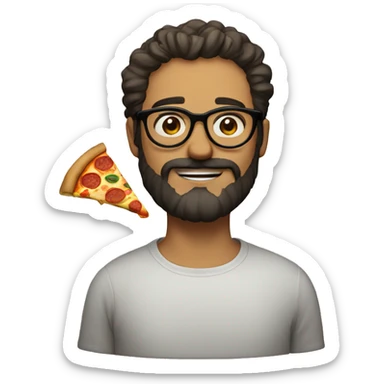 bearded guy with round glasses with a pizza sticker