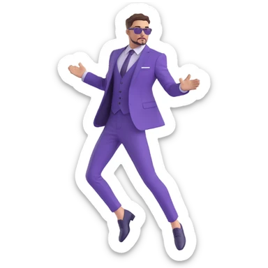 person in a purple suit, dynamic pose, fashionable, clean design sticker