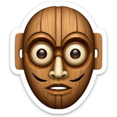 Wooden Mask, Brown carved wood face with hollow eyes. sticker