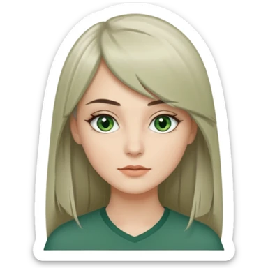 женщина с зелёными глазами, красивыми бровями, серо-бежевыми длинными волосами, с асимметричным пробором, прямой чёлкой, подстриженной каскадом sticker