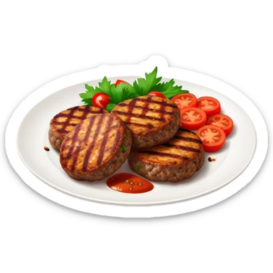 Cinematic Realistic image of Turkish Köfte, presented as perfectly formed, spiced meat patties with detailed textures and subtle grill marks, arranged artfully on a simple plate and illuminated by warm, appetizing lighting that accentuates their savory appeal. sticker