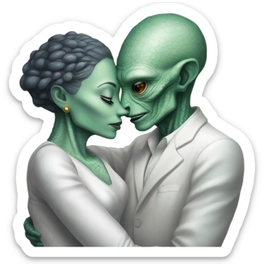 Alien reptilian woman in white dress hugs and kissing White man sticker