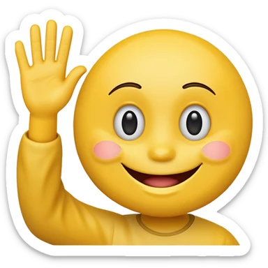 yellow smiley face waving hand, cheerful expression sticker