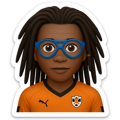 Edit the image to make the hair darker and less spiky while keeping the signature dreadlocks and sports goggles. Change the blue elements in the Netherlands football shirt to black. Preserve the Apple emoji style and maintain a transparent background. sticker