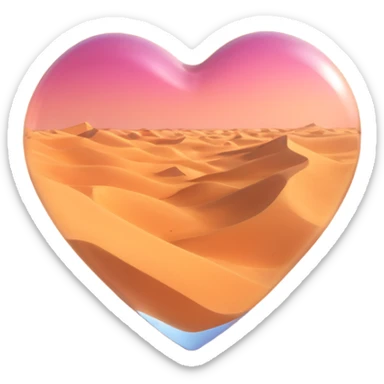 3D emoji style glass heart, interior shows empty desert sand dunes, no vegetation, ultra-realistic glass texture sticker
