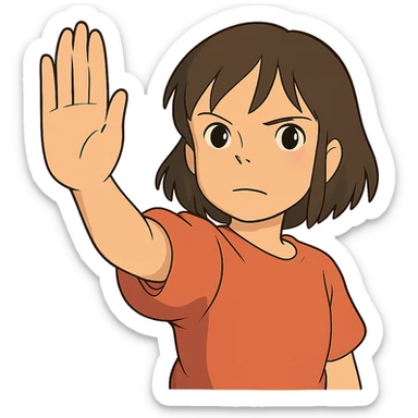 ghibli style character with palm out, signaling 'stop' sticker