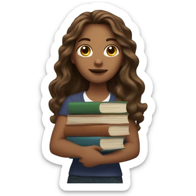 A woman with long wavy brown hair and books sticker