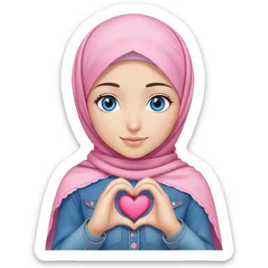 Turkish beautiful finish Konya girl blue eyes with denim and pink hijab islamic dress and making heart with hands and with thank you text sticker