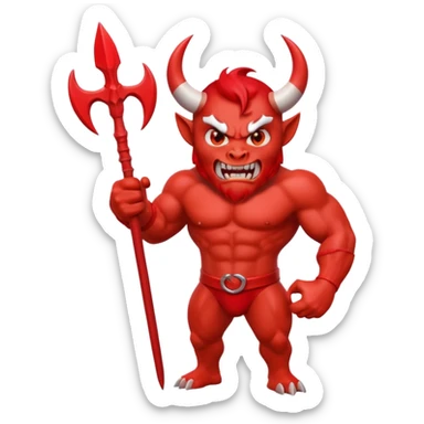 Red devil emoji, 3D cartoon style, muscular body, bright red skin, big curved white horns, angry face, sharp teeth smile, holding red trident, glossy emoji texture, centered character, GREEN SCREEN BACKGROUND, solid green color sticker