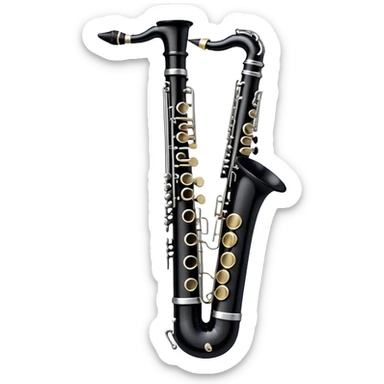 Create a sleek and professional emoji representing a black standard clarinet. The design should feature a smooth, glossy black body of the clarinet with shiny, silver keys clearly visible. Highlight the intricate details of the mouthpiece and reed at the top, while the body of the instrument should remain simple and elegant. Add subtle musical notes or soundwaves floating around the instrument to symbolize its clear, melodic sound. Use black for the body, silver for the keys, and soft lighting effects to give the instrument a polished, sophisticated look. The background should be transparent. sticker