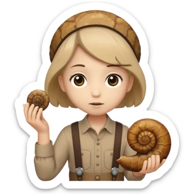 Shelly has a small, chibi-style body with a large ammonite-shaped head that looks like a beige fossil shell. One side of her head has a dark opening, making it clear she isn’t human. Her face is simple and soft, with big round eyes. She wears a brown suspender outfit over a lighter shirt sticker