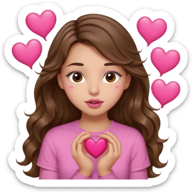 girl with long wavy brown hair, brown eyes, light to medium complexion, in a pink shirt, pink lips, long lashes, puckering up for a kiss, many  hearts in hand sticker